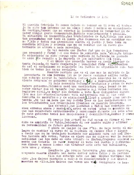 [Carta] 1952 sept. 12, [Chile] [a] Gabriela [Mistral]  [manuscrito] Delia [del Carril].