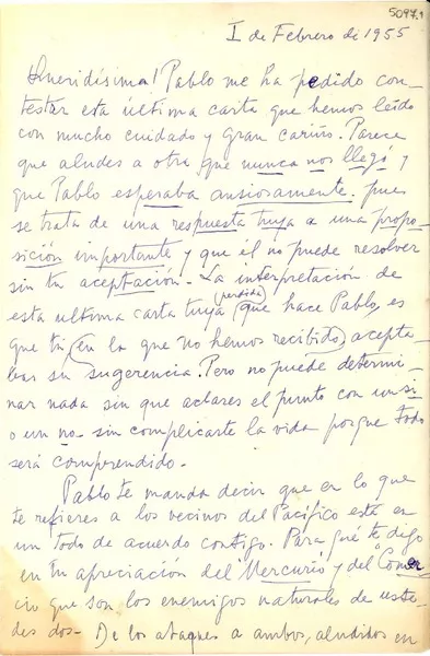 [Carta] 1955 feb. 1, Santiago, [Chile] [a] [Gabriela Mistral]  [manuscrito] Delia [del Carril].