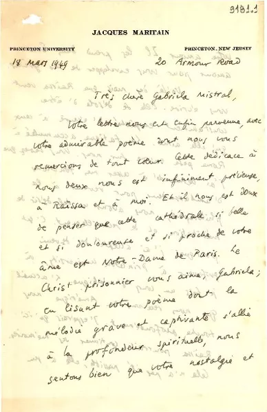 [Carta] 1949 mar. 18, Princeton, New Jersey [a] Gabriela Mistral  [manuscrito] Jacques Maritain.