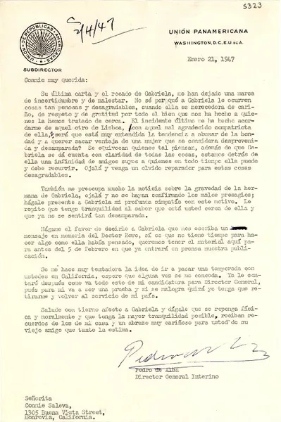 [Carta] 1947 ene. 21, Washington D.C., [EE.UU.] [a] Connie Saleva, Monrovia, California, [EE.UU.]  [manuscrito] Pedro de Alba.