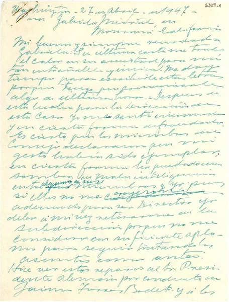[Carta] 1947 abr. 27, Washington, [EE.UU.] [a] Gabriela Mistral, Monrovia, California, [EE.UU.]  [manuscrito] Pedro de Alba.
