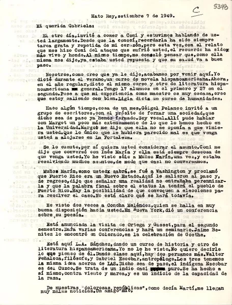 [Carta] 1949 sept. 7, Hato Rey, [Puerto Rico] [a] Gabriela Mistral  [manuscrito] Ciro Alegría.