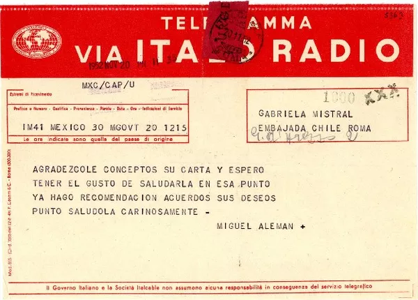 [Telegrama] 1952 nov. 20, México [a] Gabriela Mistral, Roma, [Italia]  [manuscrito] Miguel Alemán.