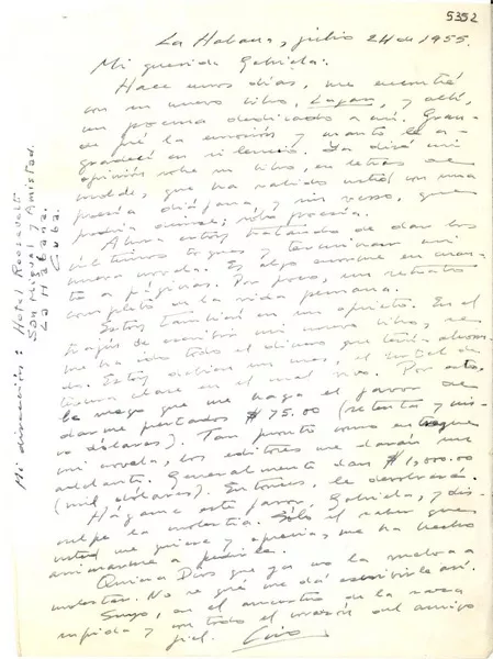 [Carta] 1955 jul. 24, Habana, Cuba [a] Gabriela Mistral  [manuscrito] Ciro Alegría.