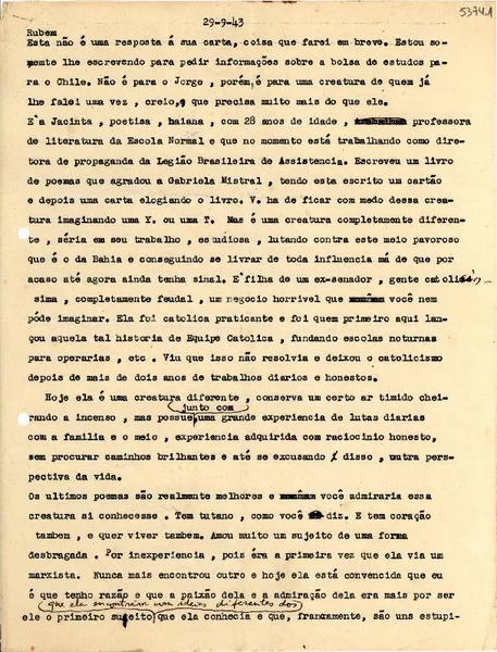 [Carta] 1943 sept. 29, [Brasil] [a] Rubem [Braga]  [manuscrito] Matilde [García Rosa Amado].
