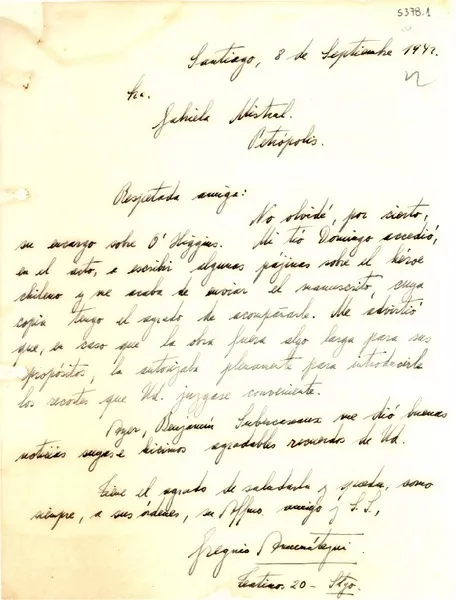 [Carta] 1942 sept. 8, Santiago, [Chile] [a] Gabriela Mistral, Petrópolis  [manuscrito] Gregorio Amunátegui.
