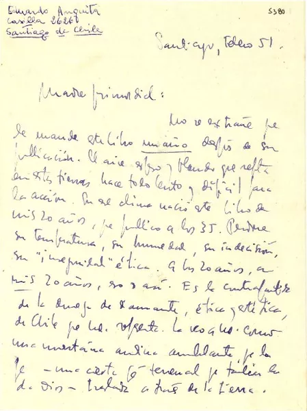 [Carta] 1951 feb., Santiago, [Chile] [a] [Gabriela Mistral]  [manuscrito] Eduardo Anguita.