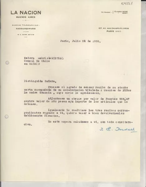 [Carta] 1933 jul. 24, Paris, [Francia] [a] Gabriela Mistral, Cónsul de Chile en Madrid, [España]  [manuscrito] J. C. Indart.
