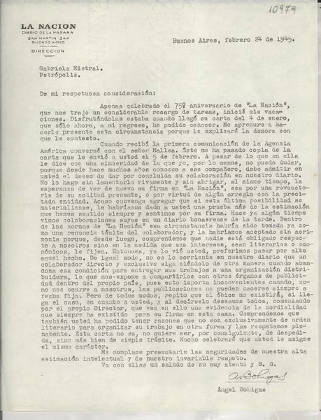 [Carta] 1945 feb. 24, Buenos Aires, [Argentina] [a] Gabriela Mistral, Petrópolis, [Brasil]  [manuscrito] Ángel Bohigas.