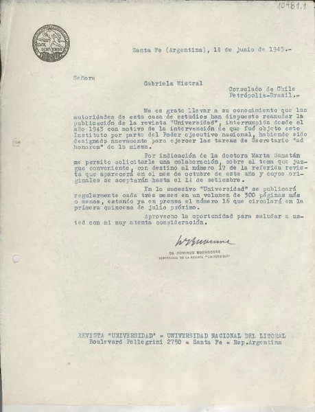 [Carta] 1945 jun. 1, Santa Fe, Argentina [a] Gabriela Mistral, Consulado de Chile, Petrópolis, Brasil  [manuscrito] Domingo Buonocore.