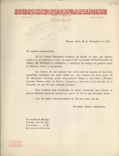 [Carta] 1945 dic. 28, Buenos Aires, [Argentina] [a] [Gabriela Mistral]  [manuscrito] Editorial Sopena Argentina.
