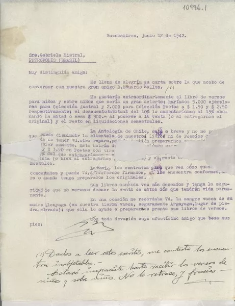 [Carta] 1942 jun. 12, Buenos Aires, [Argentina] [a] Gabriela Mistral, Petrópolis, Brasil  [manuscrito] [Manuel Olarra Garmendia].