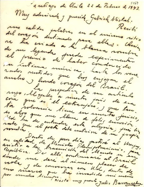 [Carta] 1943 feb. 22, Santiago, [Chile] [a] Gabriela Mistral  [manuscrito] Julio Barrenechea.