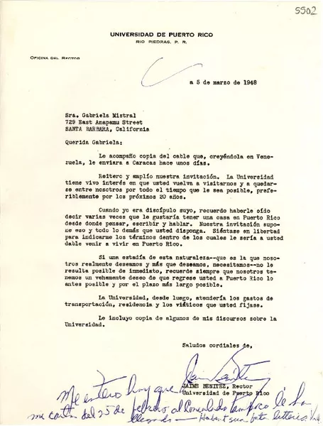 [Carta] 1948 mar. 5, [Río Piedras, Puerto Rico] [a] Gabriela Mistral, Santa Bárbara, California  [manuscrito] Jaime Benítez.