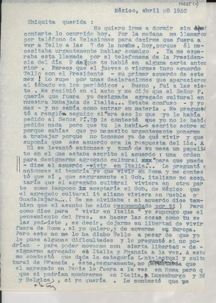 [Carta] 1952 abr. 28, México [a] Gabriela Mistral  [manuscrito] Palma Guillén.
