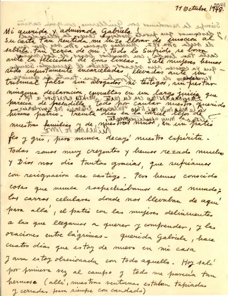[Carta] 1948 oct. 11 [a] Gabriela Mistral  [manuscrito] Norah Borges y Guillermo de Torres.