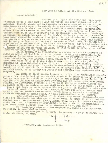 [Carta] 1944 jun. 10, Santiago de Chile [a] Gabriela [Mistral]  [manuscrito] Alfonso Bulnes.