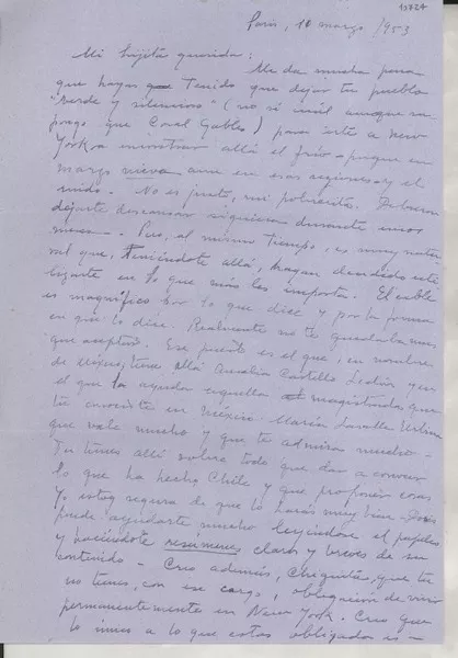 [Carta] 1953 mar. 10, París, [Francia] [a] Gabriela Mistral  [manuscrito] Palma Guillén.