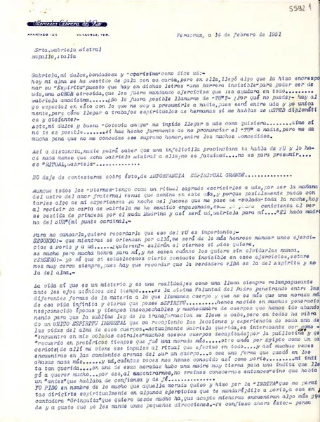 [Carta] 1951 feb. 14, Veracruz [a] Gabriela Mistral, Rapallo, Italia  [manuscrito] Meche.