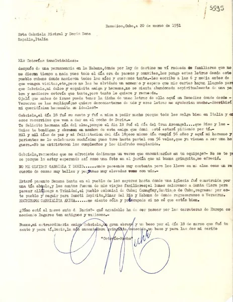 [Carta] 1951 mar. 20, Remedios, Cuba [a] Gabriela Mistral y Doris Dana, Rapallo, Italia  [manuscrito] Cotovía-Meche.