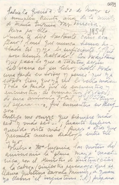 [Carta] 1954 mayo 20, [Uruguay] [a] Gabriela Mistral  [manuscrito] Esther de Cáceres.