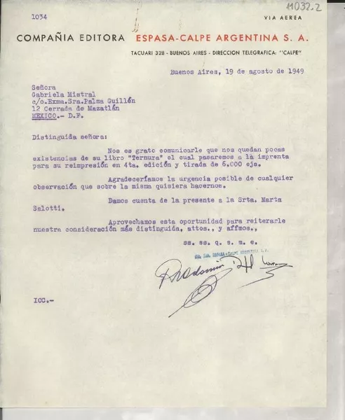 [Carta] 1949 ago. 19, Buenos Aires, [Argentina] [a] Gabriela Mistral, México D.F., México  [manuscrito] Espasa-Calpe Argentina.