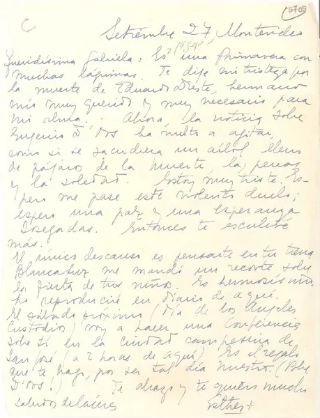 [Carta] 1954 sept. 27, Montevideo [a] Gabriela Mistral  [manuscrito] Esther de Cáceres.