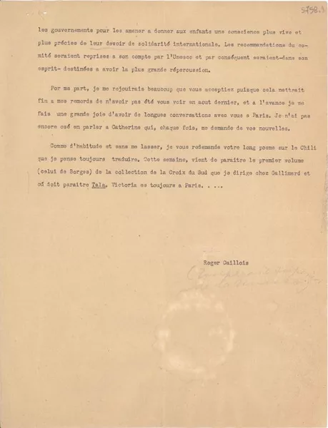 [Carta] 195 ene. 11, Paris [a] Gabriela Mistral  [manuscrito] Roger Caillois.