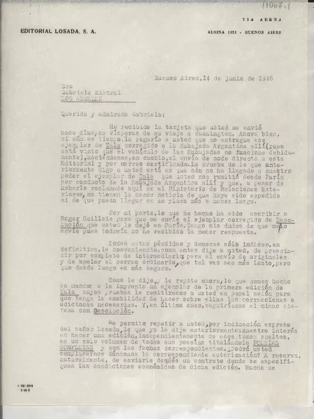 [Carta] 1946 jun. 14, Buenos Aires, [Argentina] [a] Gabriela Mistral, Los Angeles, California, [EE.UU.]  [manuscrito] Guillermo de Torre.