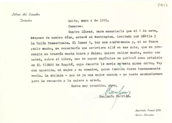 [Carta] 1955 mayo 4, Quito, [Ecuador] [a] [Gabriela Mistral]  [manuscrito] Benjamín Carrión.