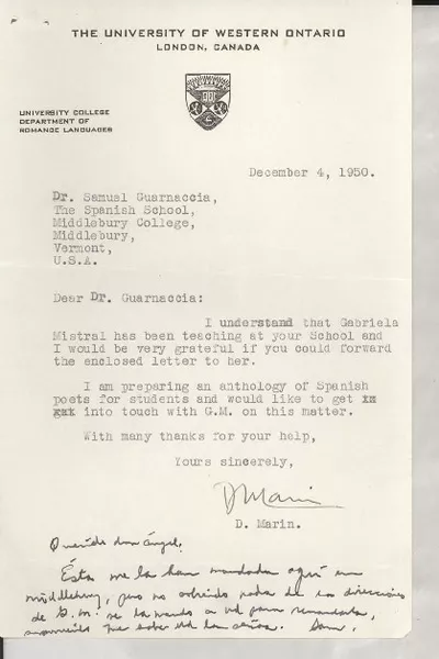 [Carta] 1950 Dec. 4, London, [Ontario], Canada [al] Dr. Samuel Guarnaccia, The Spanish School, Middlebury College, Vermont, [EE.UU.]  [manuscrito] D[iego] Marin.