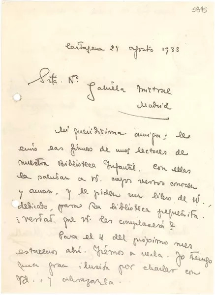 [Carta] 1933 ago. 24, Cartagena [España] [a] Gabriela Mistral, Madrid  [manuscrito] Carmen Conde.