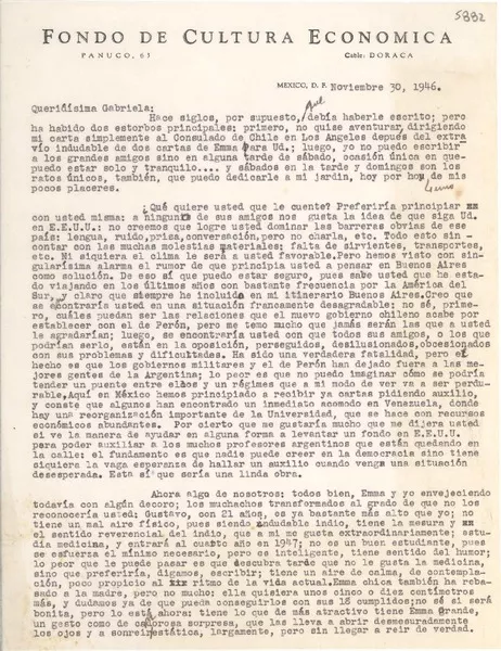 [Carta] 1946 nov. 30, México D.F. [a] Gabriela [Mistral]  [manuscrito] [Daniel Cosío Villegas].