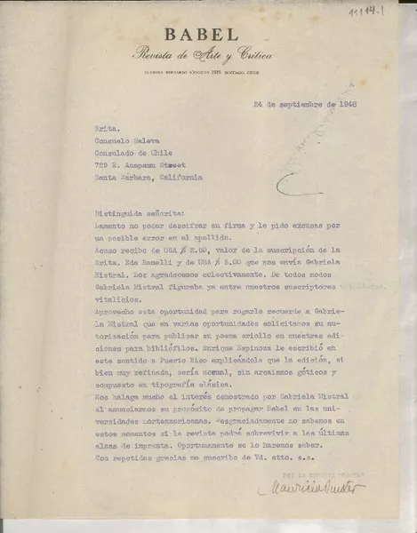 [Carta] 1948 sept. 24, [Santiago, Chile] [a] Consuelo Saleva  [manuscrito] Mauricio Amster.