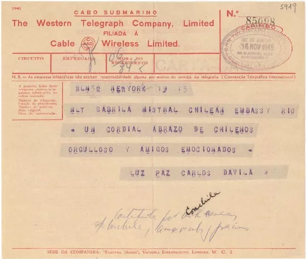 [Telegrama] 1945 nov. 16, New York, [EE.UU.] [a] Gabrila [i.e. Gabriela] Mistral, Rio, [Brasil]  [manuscrito] Carlos Dávila.