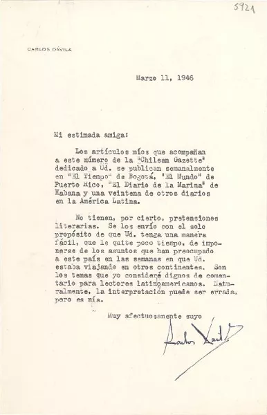 [Carta] 1946 mar. 11 [a] [Gabriela Mistral]  [manuscrito] Carlos Dávila.