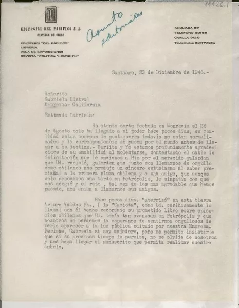[Carta] 1946 dic. 23, Santiago, Chile [a] Gabriela Mistral, Monrovia, California, [EE.UU.]  [manuscrito] Jorge Pascal L.