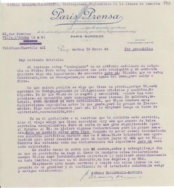 [Carta] 1946 ene. 15, Paris, [Francia] [a] Gabriela [Mistral]  [manuscrito] Carlos Deambrosis Martins.