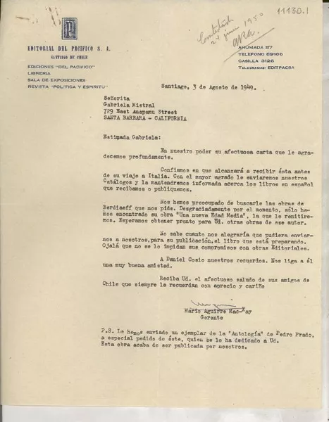 [Carta] 1949 ago. 3, Santiago, [Chile] [a] Gabriela Mistral, Santa Barbara, California, [EE.UU.]  [manuscrito] Mario Aguirre Mac-Kay.