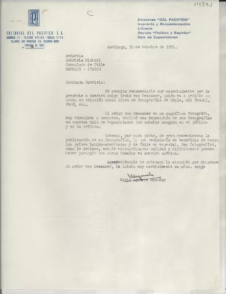 [Carta] 1951 oct. 30, Santiago, [Chile] [a] Gabriela Mistral, Consulado de Chile, Nápoles, Italia  [manuscrito] Mario Aguirre Mac-Kay.