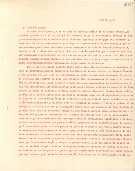 [Carta] 1942 jul. 6, [Santiago] [a] Gabriela Mistral  [manuscrito] Alone.