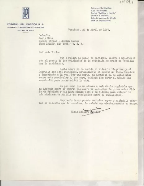 [Carta] 1955 abr. 29, Santiago, [Chile] [a] Doris Dana, Roslyn Harbor, Long Island, New York, EE.UU.  [manuscrito] Mario Aguirre Mac-Kay.