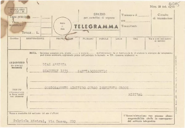 [Telegrama] [1952? mar.?], [Nápoles, Italia] [a] [Hernán] Díaz Arrieta, Santiago, Chile  [manuscrito] [Gabriela] Mistral.