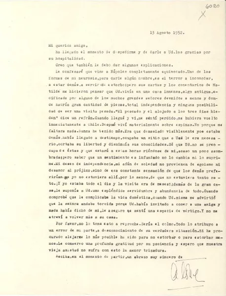 [Carta] 1952 ago. 13, [Nápoles?], [Italia] [a] [Gabriela Mistral]  [manuscrito] Alone.