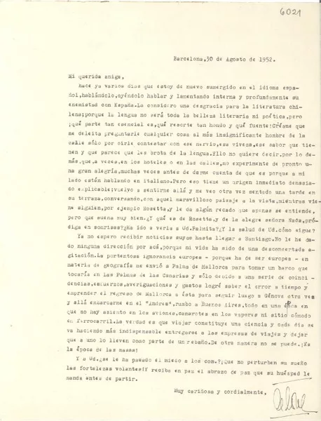 [Carta] 1952 ago. 30, Barcelona, [España] [a] [Gabriela Mistral]  [manuscrito] Alone.