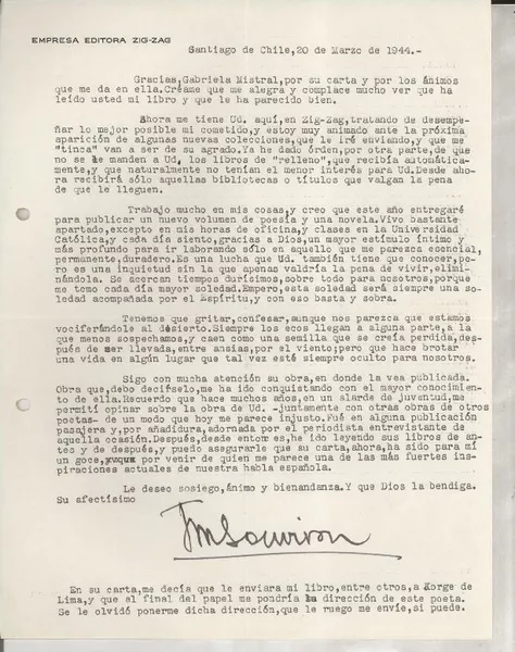 [Carta] 1944 mar. 20, Santiago, Chile [a] Gabriela Mistral, [Brasil]  [manuscrito] [José María] Souviron.