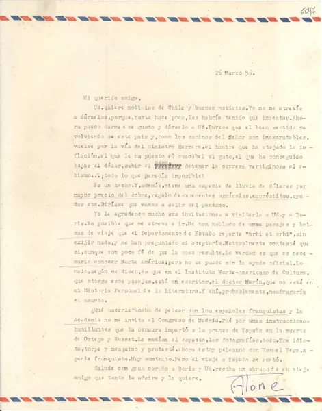 [Carta] 1956 mar. 26, [Santiago] [a] Gabriela Mistral  [manuscrito] Alone.