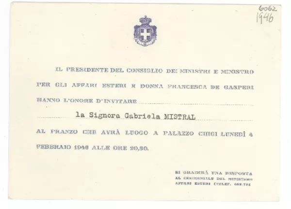 [Tarjeta] 1955 mar. 8, México D.F. [a] Gabriela Mistral  [manuscrito] [Alcide de Gasperi], Francesca de Gasperi.