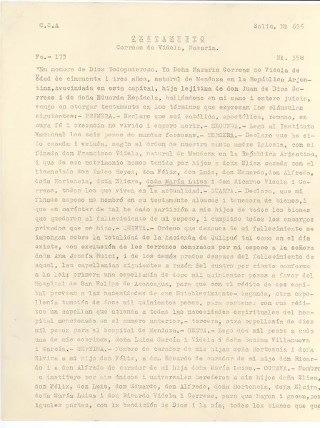Testamento  [manuscrito] Nazaria Correas de Videla.