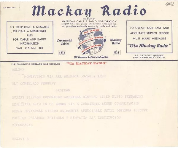 [Telegrama] 1946 dic. 4, Montevideo [a] Eduardo Dieste, San Francisco  [manuscrito] Ministerio de Relaciones Exteriores de Uruguay.